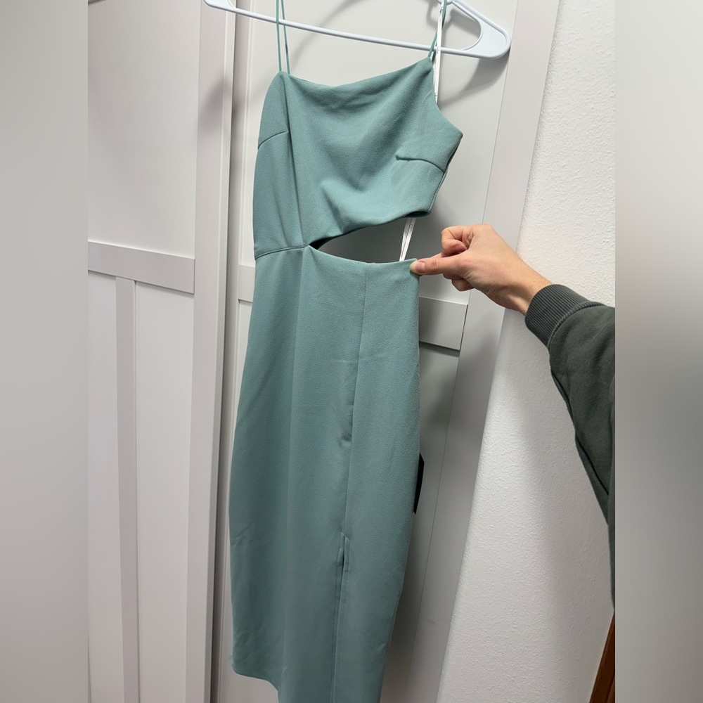 Lulus Sage blue Asymmetrical Midi Cut-Out Dress